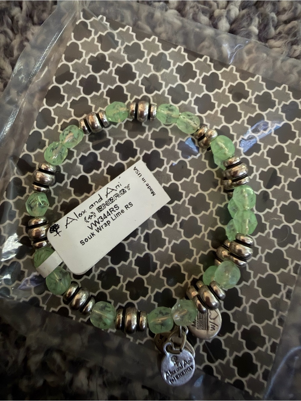 Alex and Ani Light Green Beaded Wrap Bracelet with Silver Accents